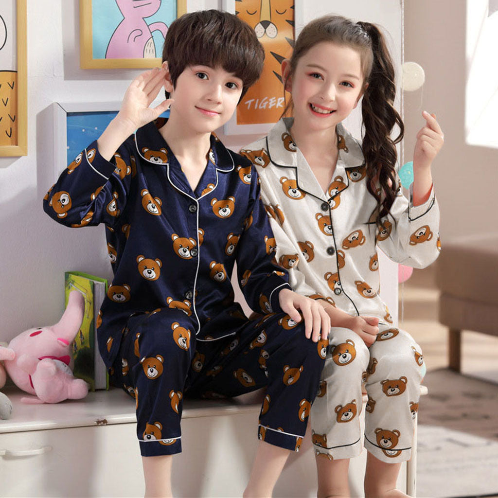 Long sleeve ice silk bear pajamas set for boys and girls Image