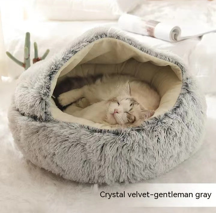 2 In 1 Dog And Cat Bed Pet Winter Bed Round Plush Warm Bed House Soft Long Plush Pets Bed Image