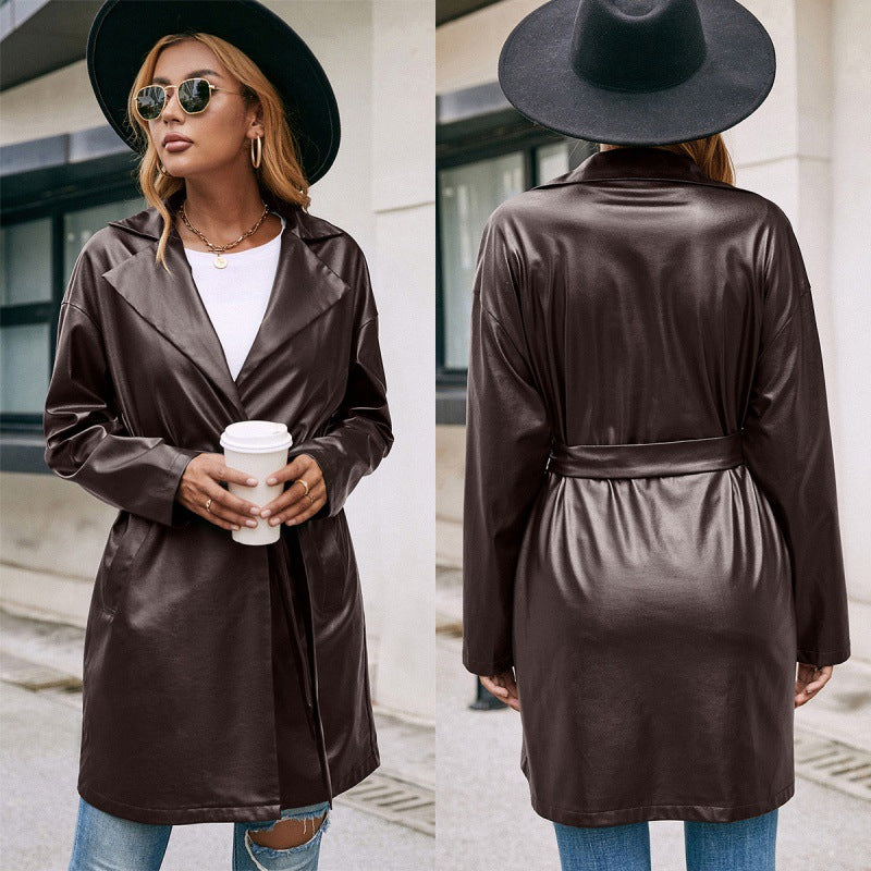 Mid-length Leather Western-lace Slim Long-sleeved Trench Coat