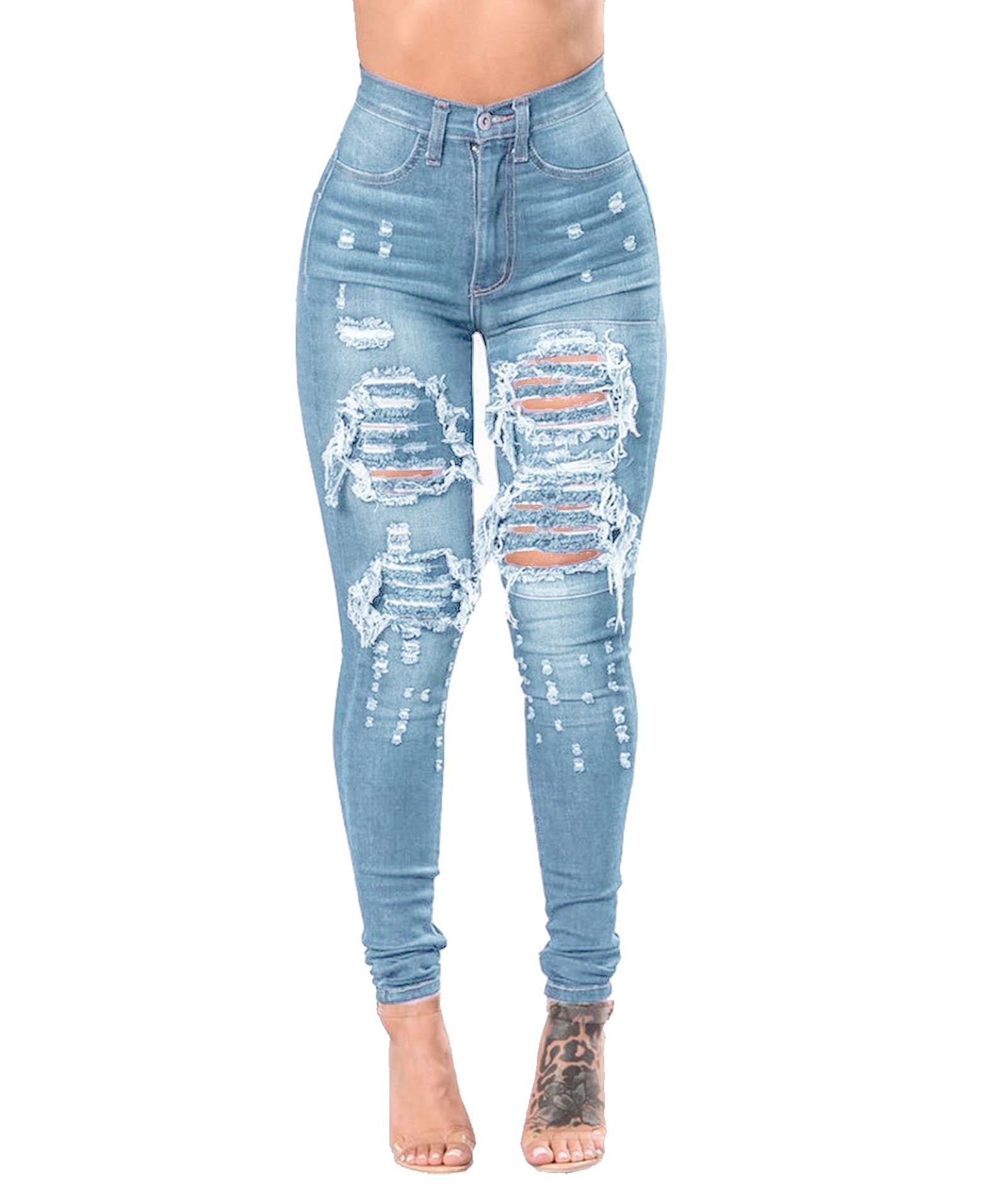 Women's Ripped Denim Washed Denim Pants Image