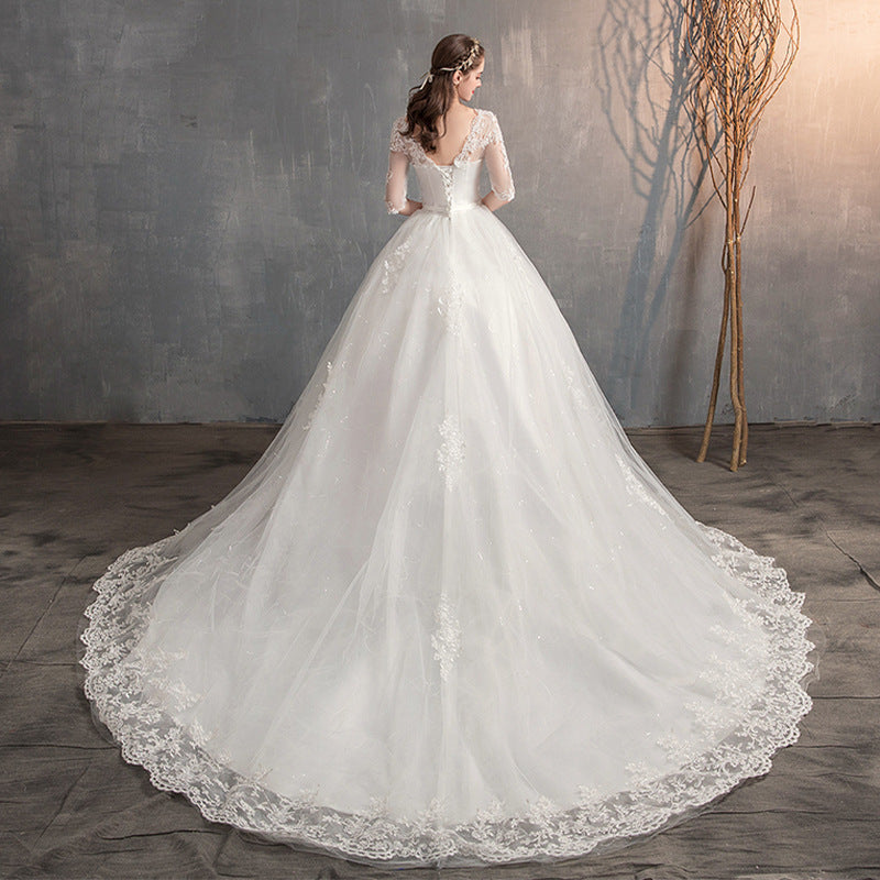 Wedding Dress Trailing Deep V Neck Lace High Waist Wedding Dress Long Sleeves Image