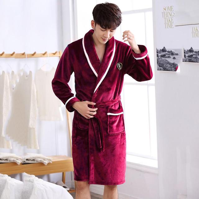 Winter Flannel Lovers Robe Gown Elegant Solid Casual Sleepwe Image