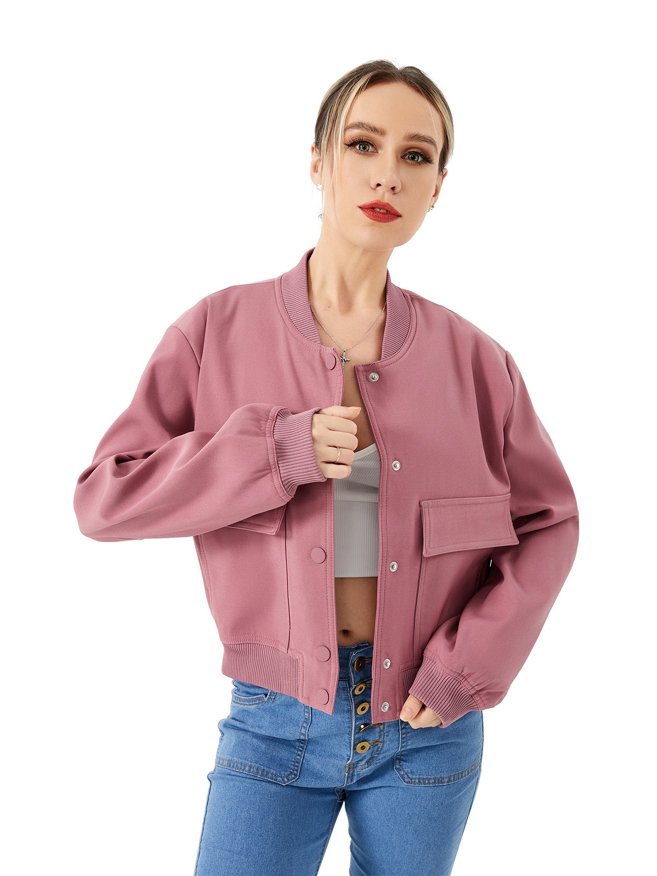 Women's Lightweight Cropped Bomber Jacket Casual Long Sleeve Varsity Jacket With Pocket Fashion Y2k Jacket Streetwear Image