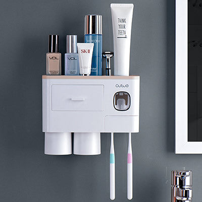 Non-marking Hanging Magnetic Toothbrush Holder Single Drawer Storage Rack With Toothpaste Squeezer Toiletry Set Image