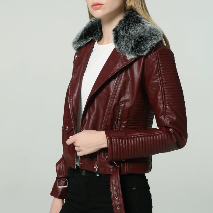 DETACHABLE FUR COLLAR WARM FAUX LEATHER JACKET Image