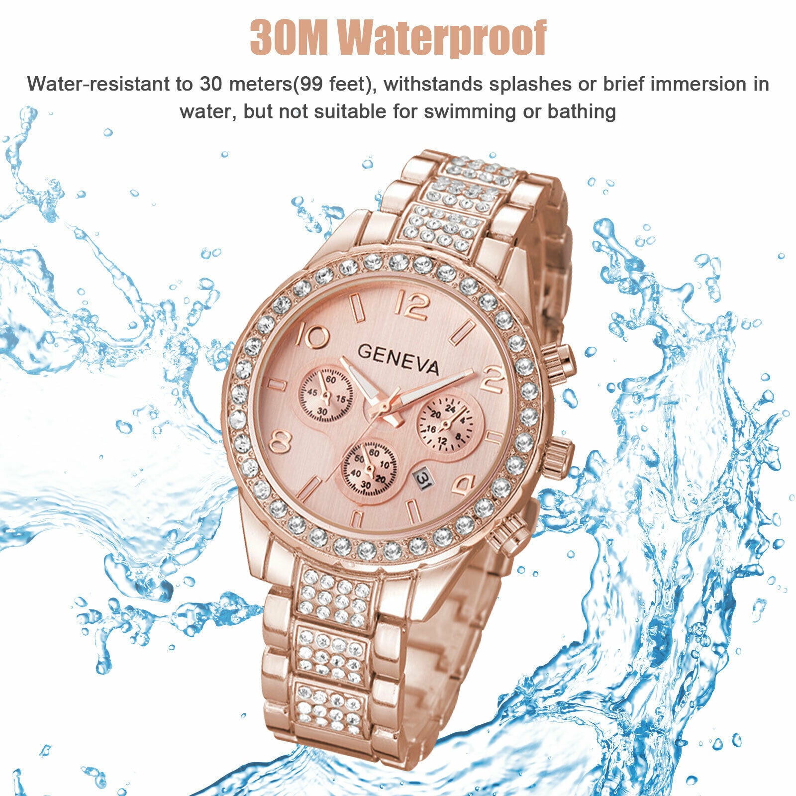 Waterproof Women Luxury Classic Stainless Steel Crystal Quartz Round Wrist Watch Image