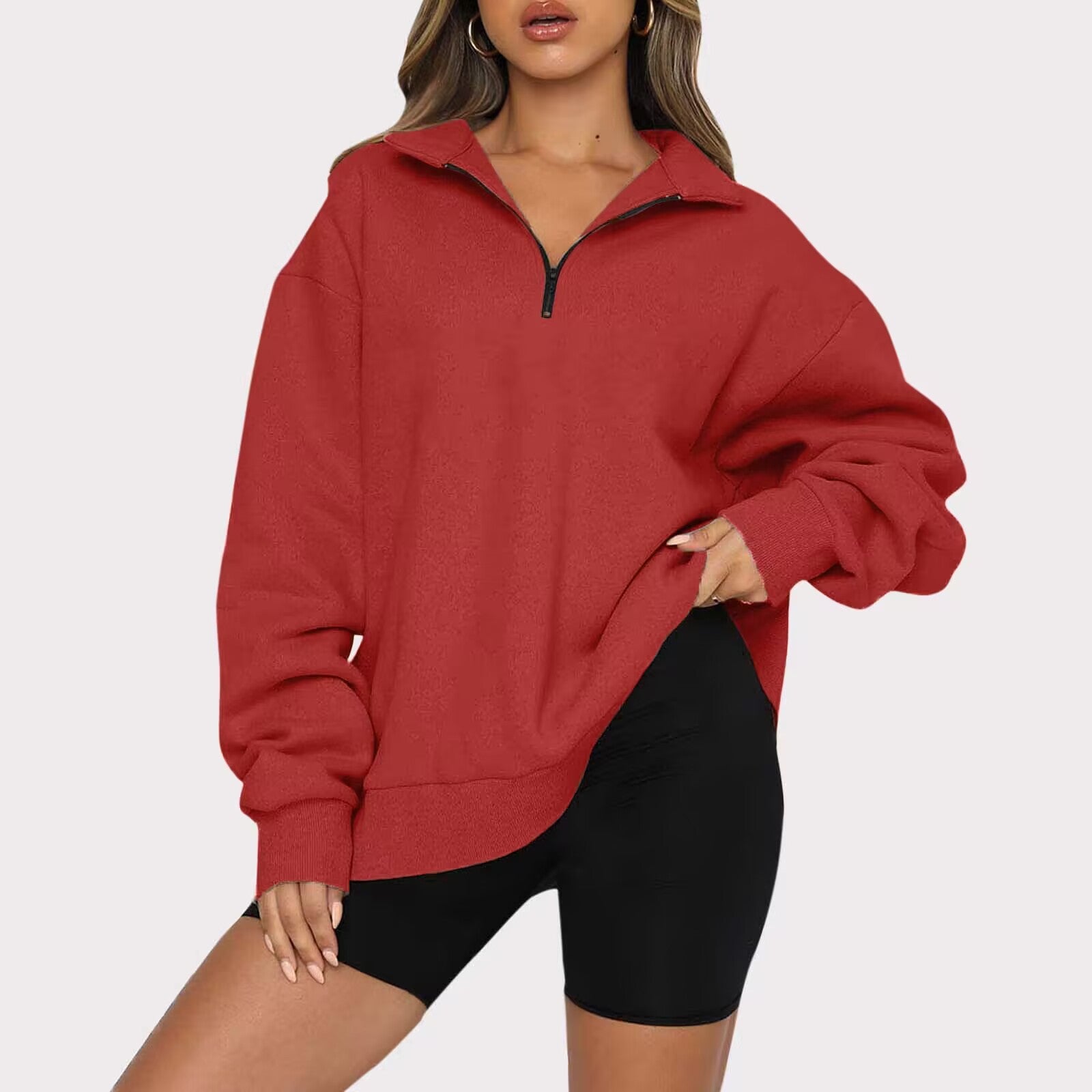 Women Sweatshirts Zip Turndown Collar Loose Casual Tops Clothes Image