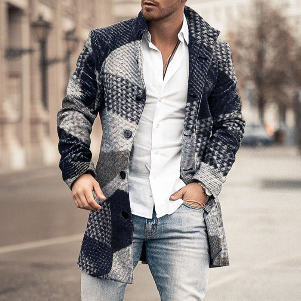 New men's woolen stand collar mid-length casual coat with pockets Image