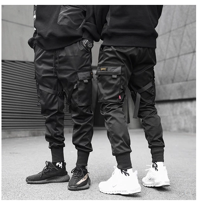 Hot Sale Men Black Hip Hop Cargo Pants Elastic Waist Jogger Trousers Sweatpants Pockets Full Length Casual Fashion Image