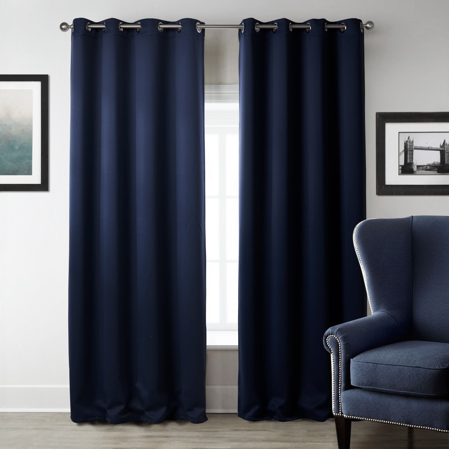 Dark Blue Bedroom Blackout Fabric Printed Curtains Image