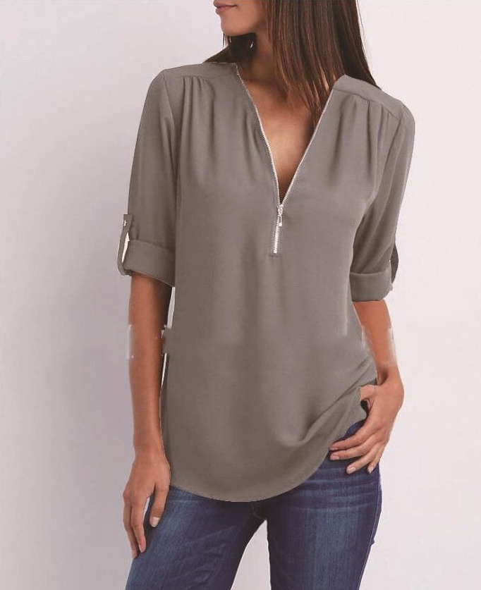 Zip V-neck Shirts Women Short Sleeve Loose Tops Image