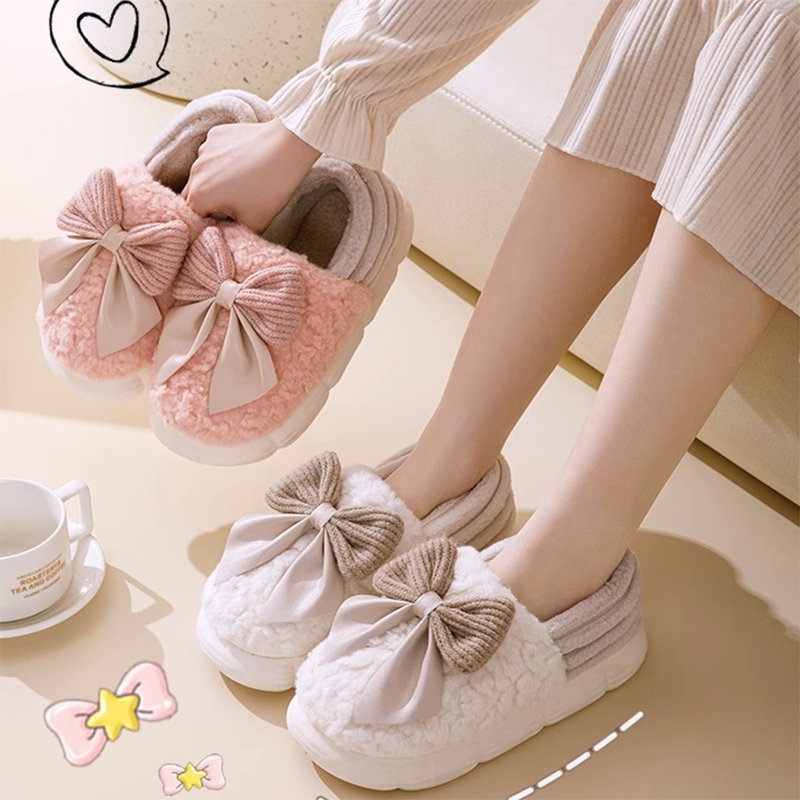 Big Bow-knot Fluffy Slippers Winter Warm Covered Heel Cotton Shoes Fashion Thick-soled Platform Slippers Indoor And Outdoor Garden Walking Shoes Image