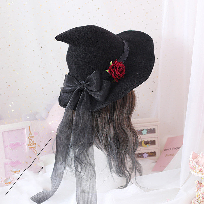 Lolita Halloween Retro Witch Hat Masquerade Rose Big Bow Wizard Hat Gothic Magical Girl Hat Cosplay Accessories Party Decor Image