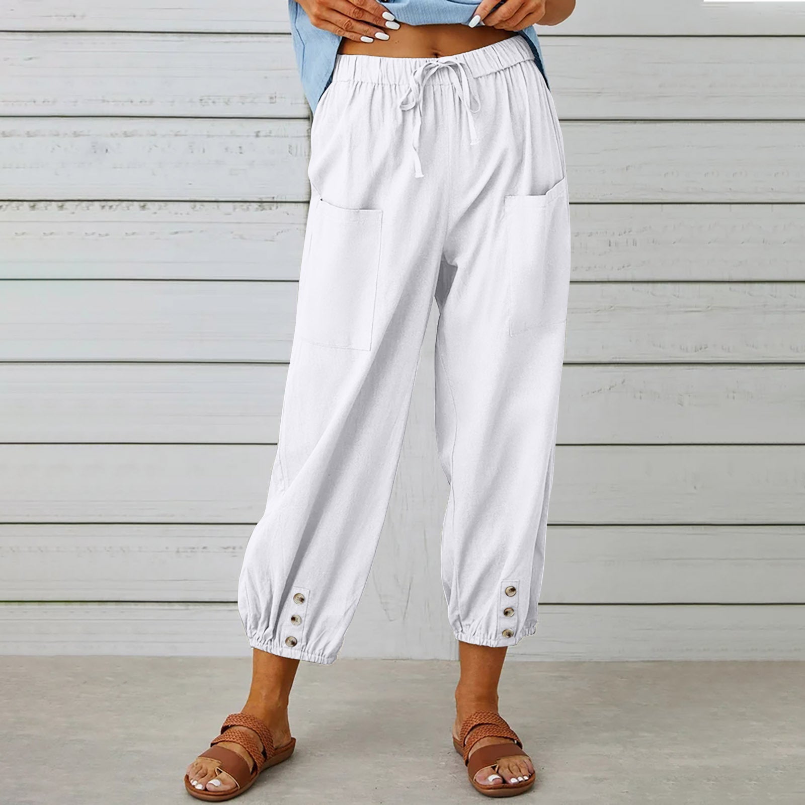 Women Drawstring Tie Pants Spring Summer Cotton And Linen Trousers With Pockets Button Image