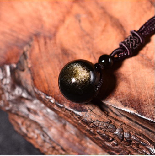 Black Gold Natural Obsidian Stone Pendant Lucky Transfer Beads Pendant Necklace Male Female Lovers Fashion Jewelry Image