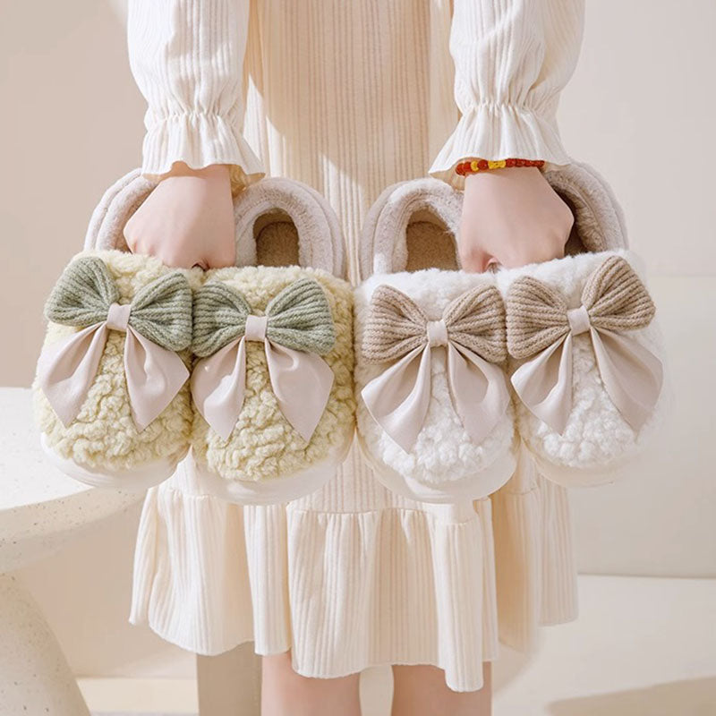 Big Bow-knot Fluffy Slippers Winter Warm Covered Heel Cotton Shoes Fashion Thick-soled Platform Slippers Indoor And Outdoor Garden Walking Shoes Image