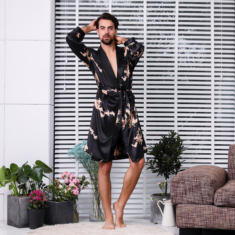 Men's simulation silk long sleeve nightgown Image