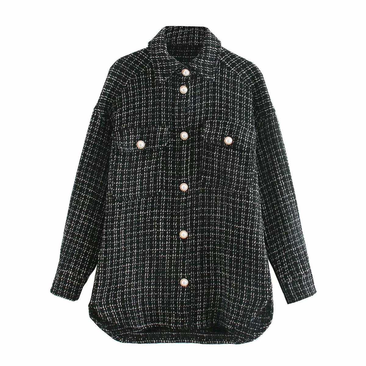 Women Plaid Pattern Thick Coats Jacket Pearl Buttons Long Sleeves Pocket Ladies Elegant Autumn Winter Coat Image