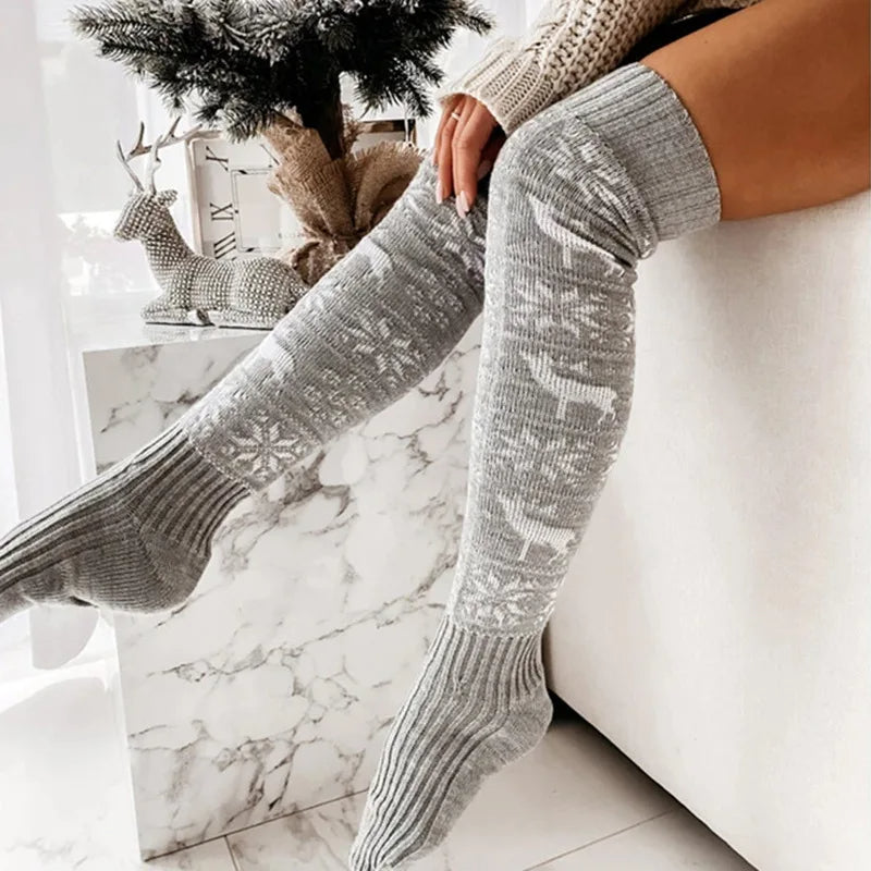 Winter Christmas Warm Knitted Women Stocking Beautiful Elk Snowflake Jacquard Over-the-knee Casual Long Socks For Ladies Gifts Free Size Image