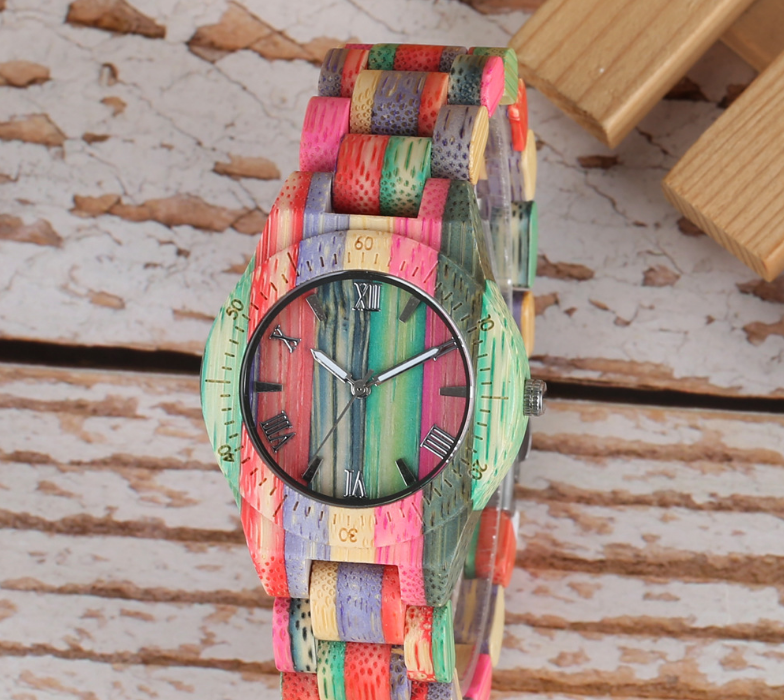 Colored Bamboo Wood Carving Couple Watch Image