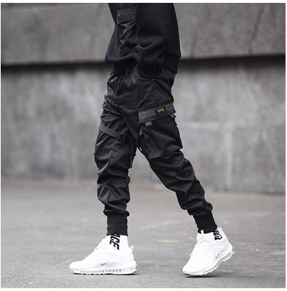 Hot Sale Men Black Hip Hop Cargo Pants Elastic Waist Jogger Trousers Sweatpants Pockets Full Length Casual Fashion Image