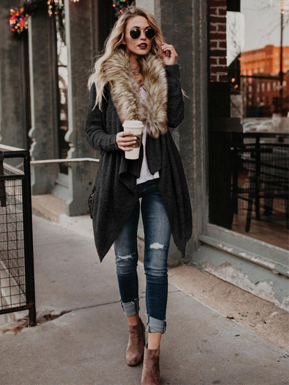 Fur collar cardigan plush trench coat