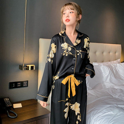 Black Imitation Silk Can Be Worn Outside Couple Pajamas Women Image