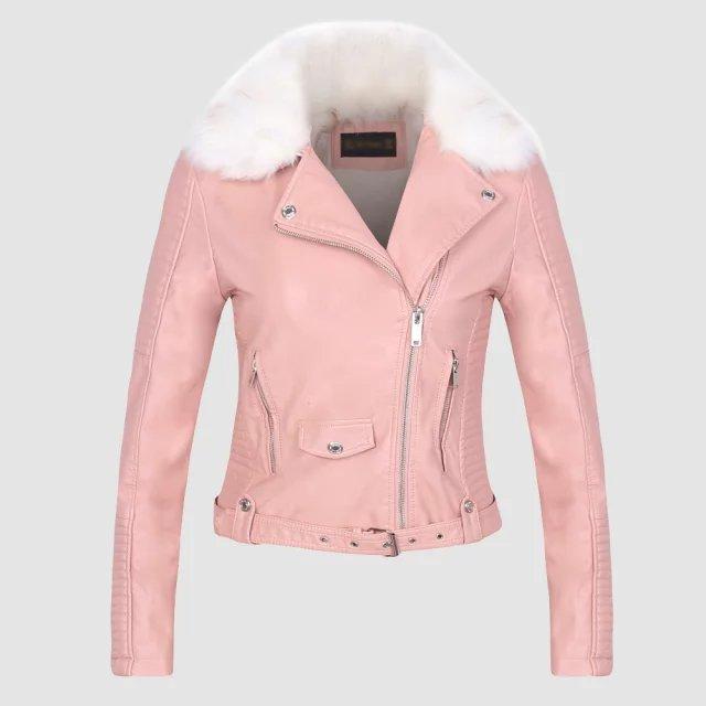 DETACHABLE FUR COLLAR WARM FAUX LEATHER JACKET Image