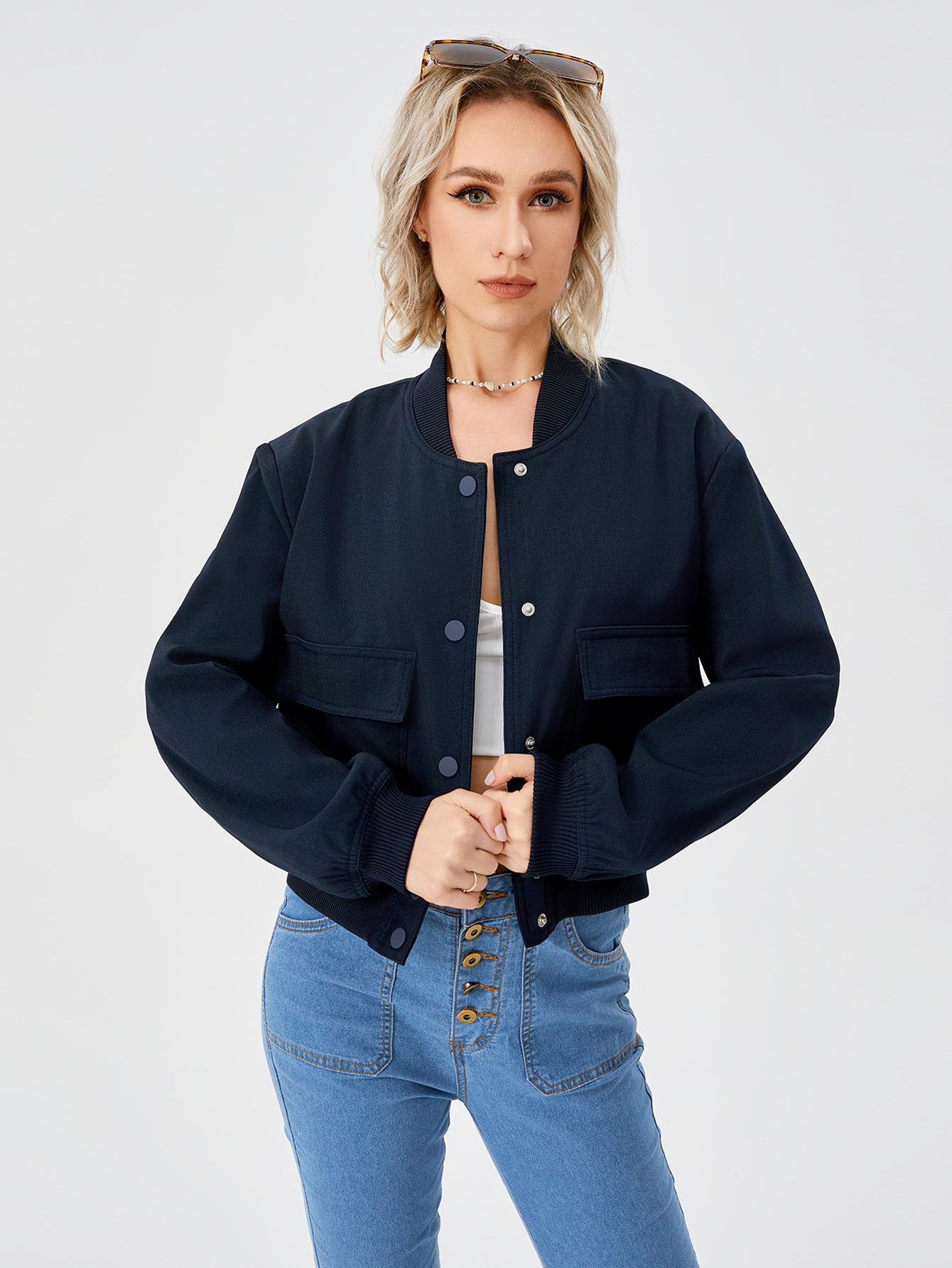 Women's Lightweight Cropped Bomber Jacket Casual Long Sleeve Varsity Jacket With Pocket Fashion Y2k Jacket Streetwear Image