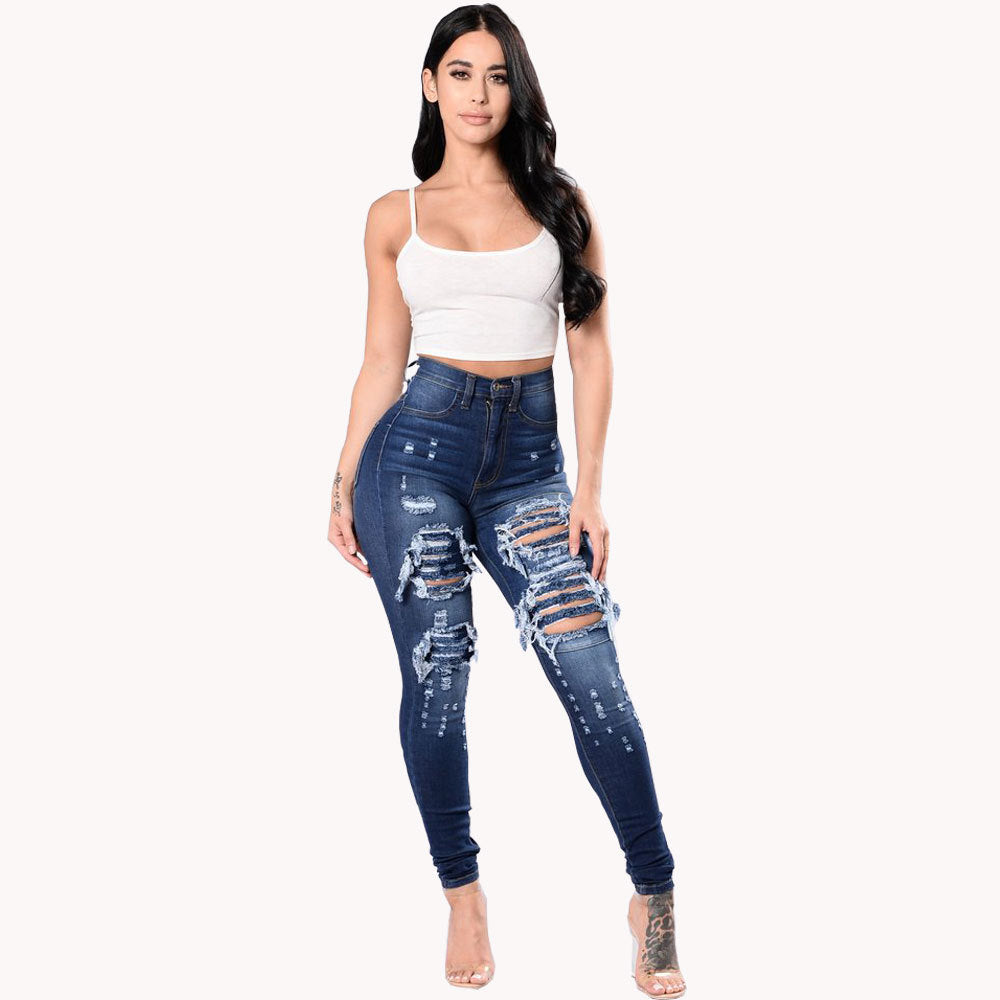 Women's Ripped Denim Washed Denim Pants Image