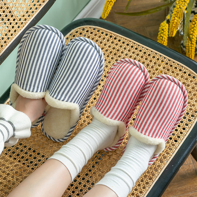 Fashion Striped Printed Slippers For Women Autumn And Winter Warm Non-slip Thick Sole House Shoes Men's Indoor Plush Shoes Image