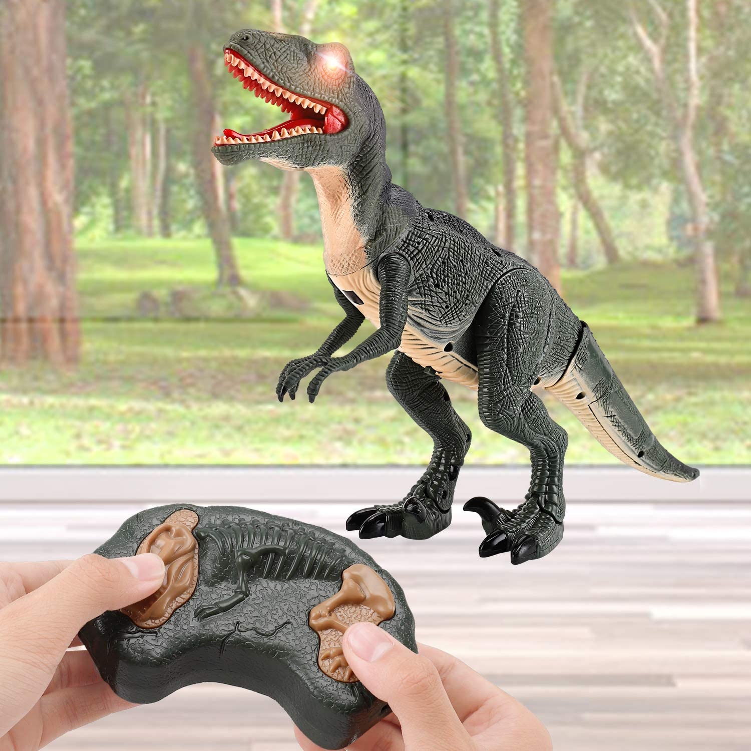 Remote Control R C Walking Dinosaur Toy With Shaking Head,Light Up Eyes & Sounds ,Velociraptor,Gift For Kids Amazon Platform Banned Image