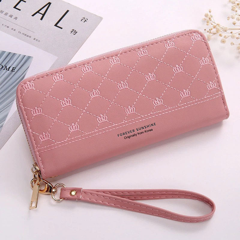 Long Crown Embroidery Thread Single Zip Clutch Wallet Women Image