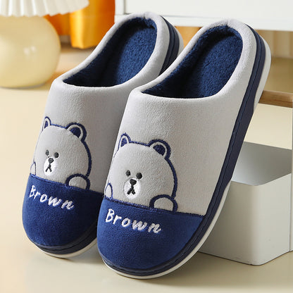 Cute Bears Slippers Warm Winter House Shoes For Women Couple Indoor Floor Bedroom Solid Color Non-slip Soft Plush Slippers