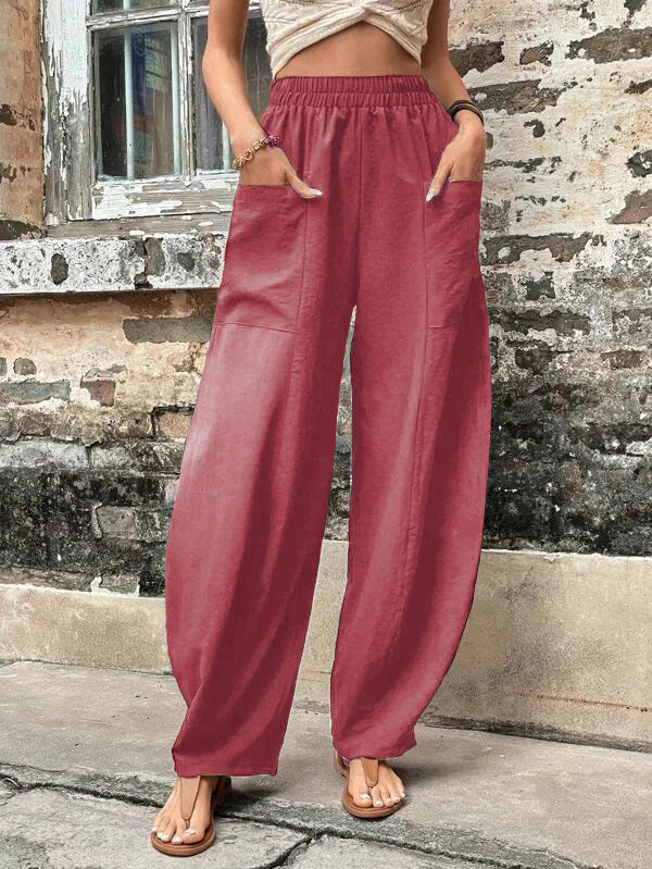 Women's Harem Pants With Pockets High Waisted Casual Beach Pants Loose Trousers Summer Image