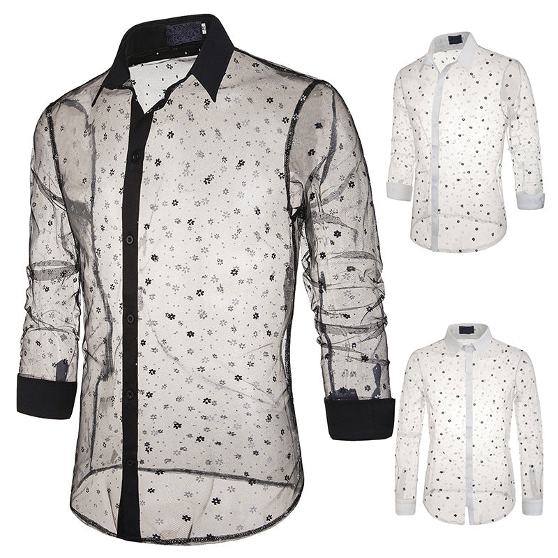 Sexy Black Lace Shirt Men New See Through Mens Dress Shirts Image