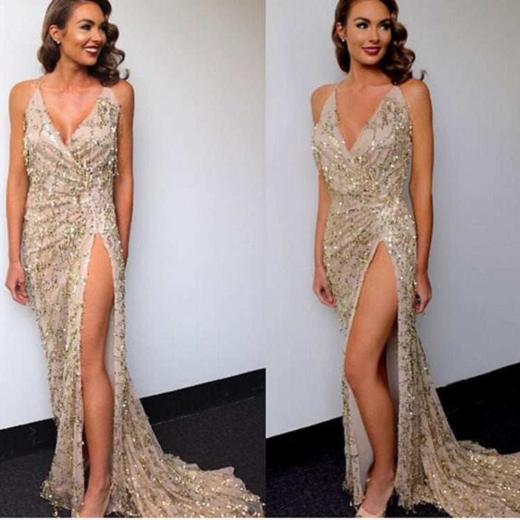 V-neck sexy halter strap sequin dress Image