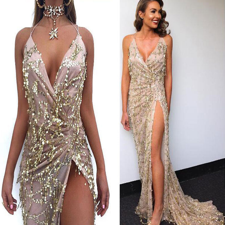 V-neck sexy halter strap sequin dress Image