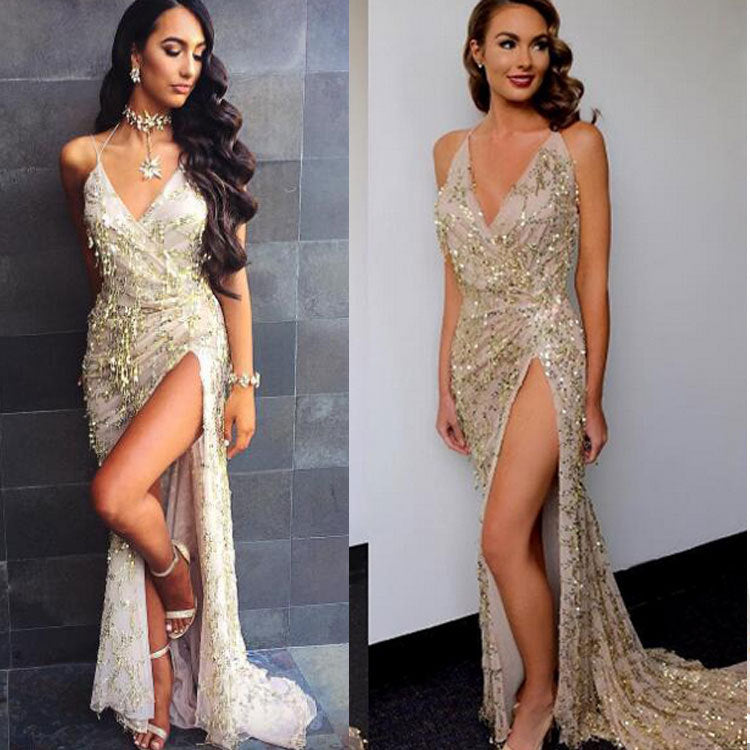 V-neck sexy halter strap sequin dress Image