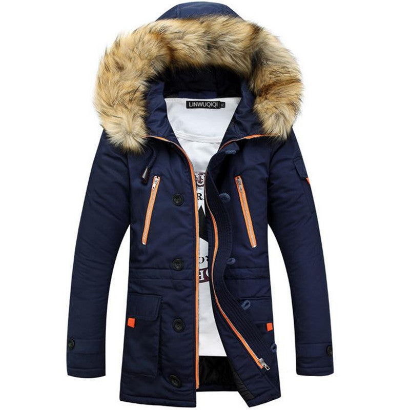 2021 new men's cotton winter fur collar fashion cotton clothing warm jacket cotton jacket long solid color men's clothing Image