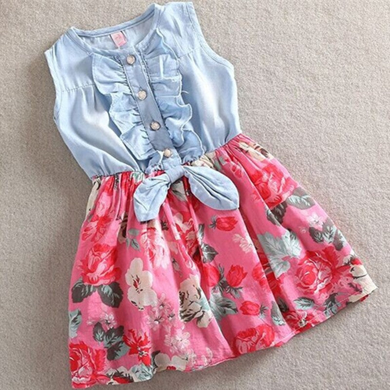 Summer Children Sleeveless Girl Denim Floral Dresses Image