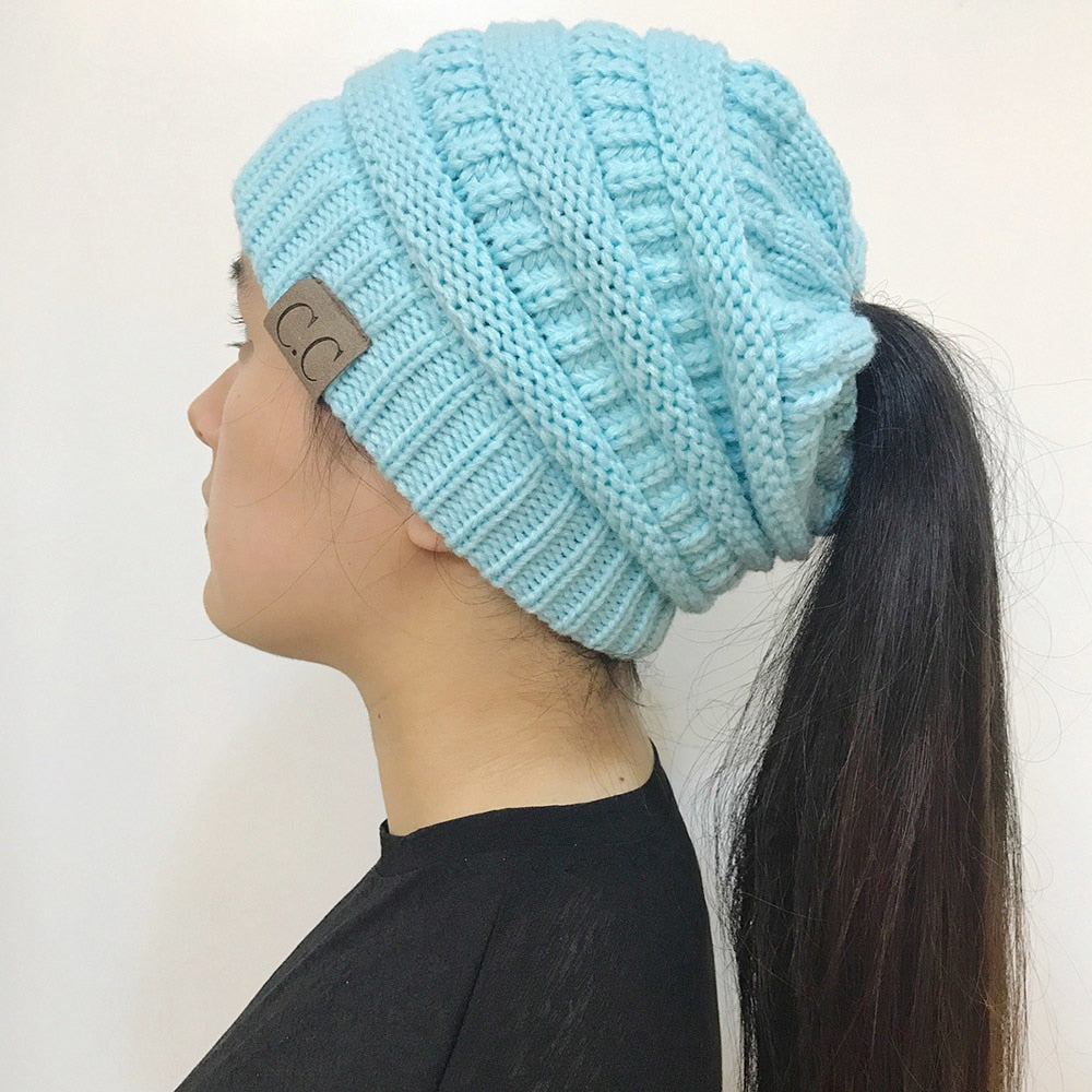 High Bun Ponytail Beanie Hat Chunky Soft Stretch Cable Knit Warm Fuzzy Lined Skull Beanie Acrylic Hats Men And Women Image