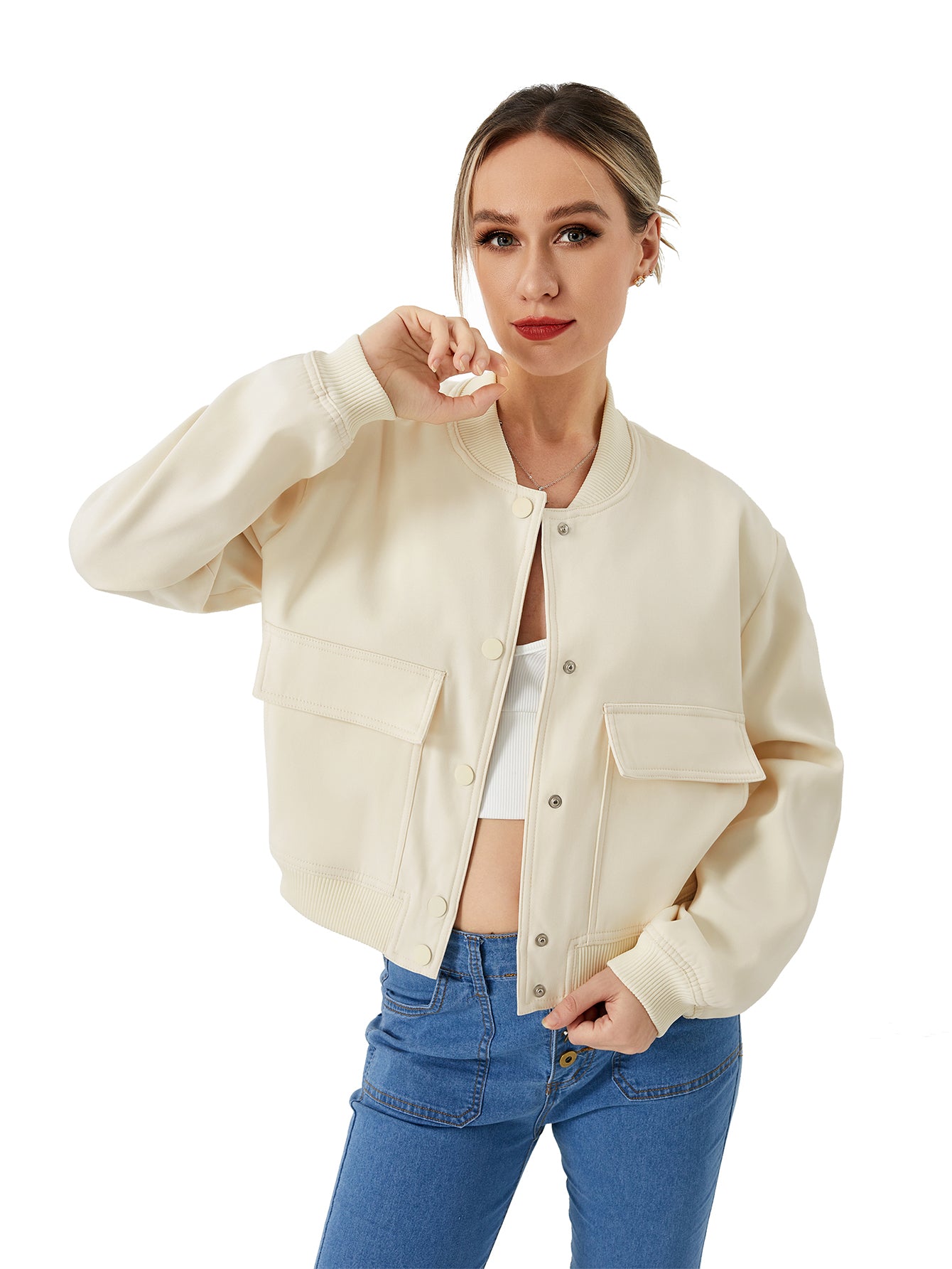 Women's Lightweight Cropped Bomber Jacket Casual Long Sleeve Varsity Jacket With Pocket Fashion Y2k Jacket Streetwear Image