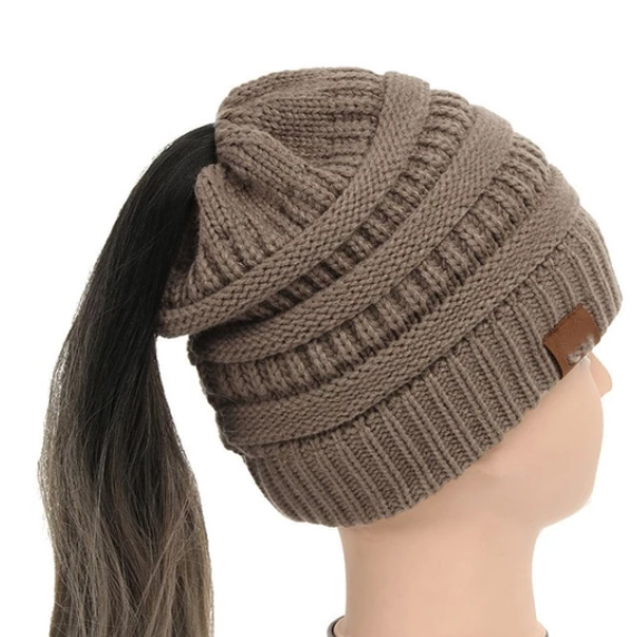 High Bun Ponytail Beanie Hat Chunky Soft Stretch Cable Knit Warm Fuzzy Lined Skull Beanie Acrylic Hats Men And Women Image