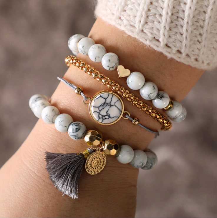 Geometric Creative Hollow Fringed Pine Stone Bracelet Four-piece Image