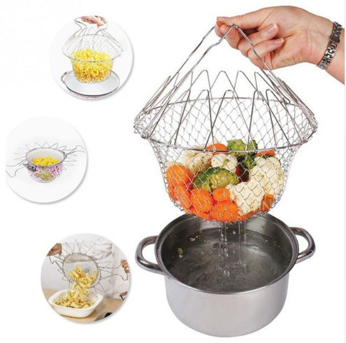 Stainless Steel Telescopic Folding Basket Frying Basket French Fries Degreasing Kitchen Tool Image