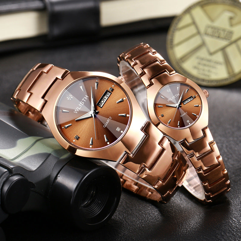 Coffee Gold Luminous Waterproof Steel Band Couple Student Watch Image