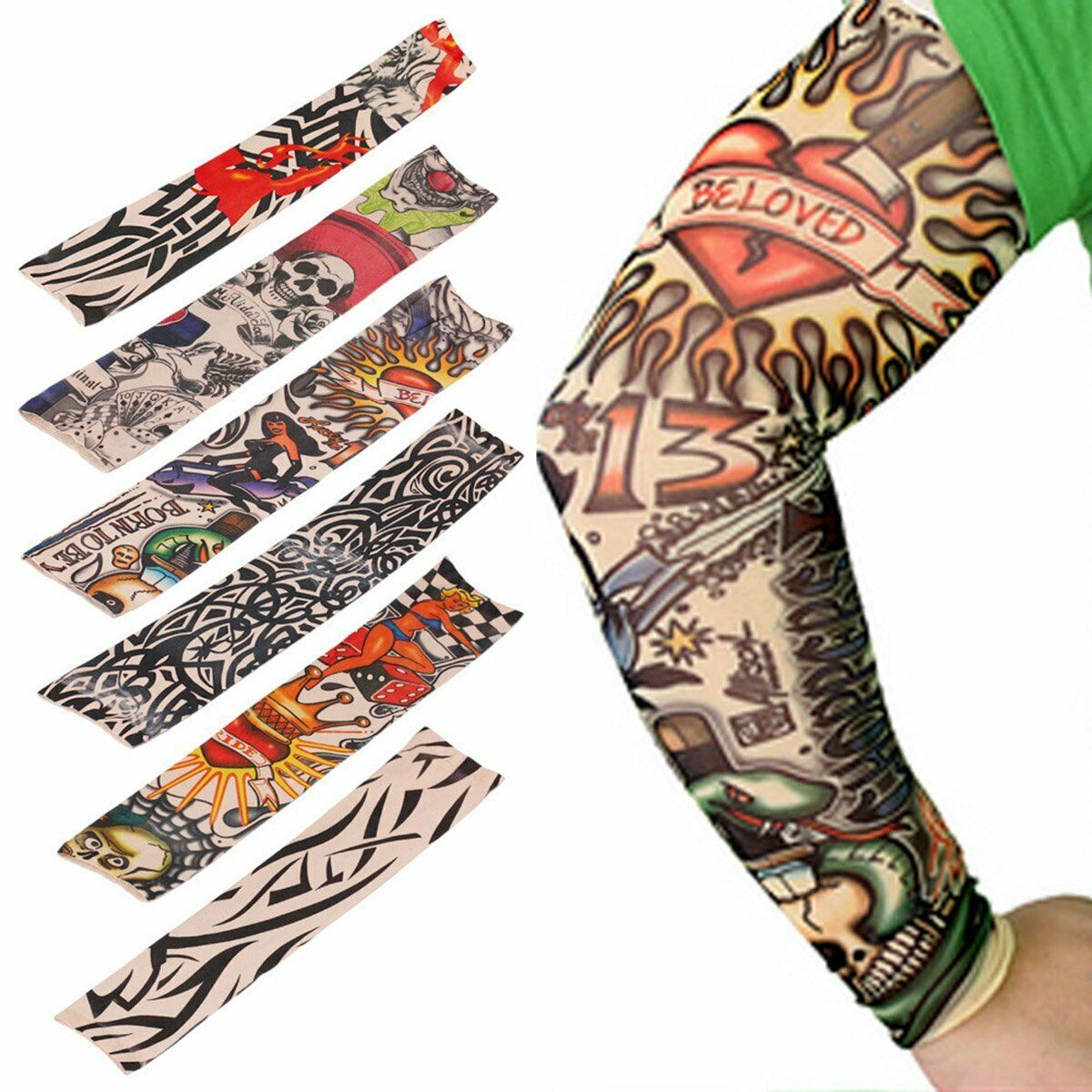 Fake Temporary Tattoo Sleeve Full Arm Cover UV Sun Protection Outdoor Sports 6pc Image