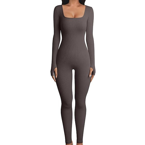 Women's Yoga Sports Fitness Jumpsuit Workout Long Sleeve Square Collar Clothing Image