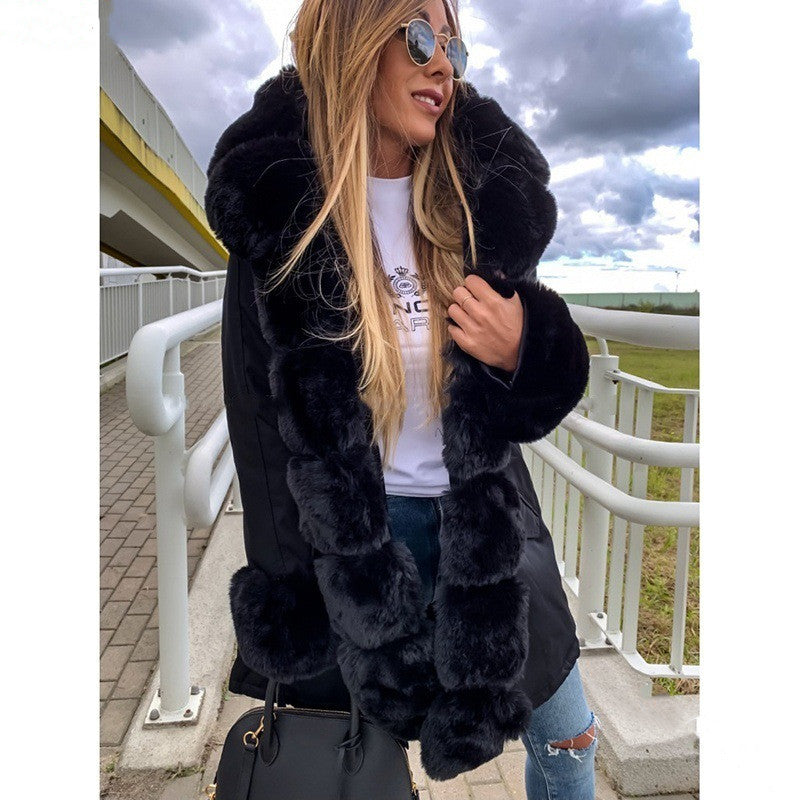 Winter mid-length pie overcoming thick fur collar furry coat women Image